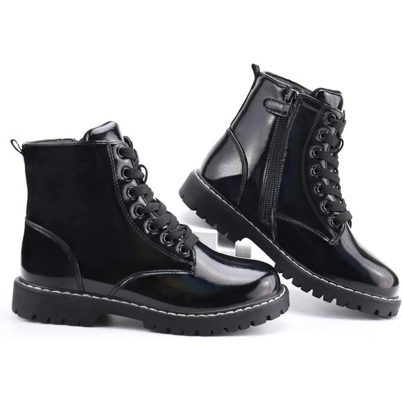 Kids Black Ankle Boots Boys Girls Side Zipper Lace Up Work Boots Combat Boots - Picture 5 of 7